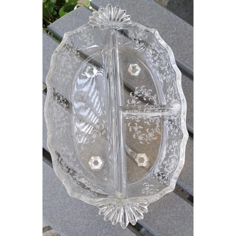 Fostoria Meadow Rose Clear 3 Part Handled Relish Dish Etched Base Heavy No Chips